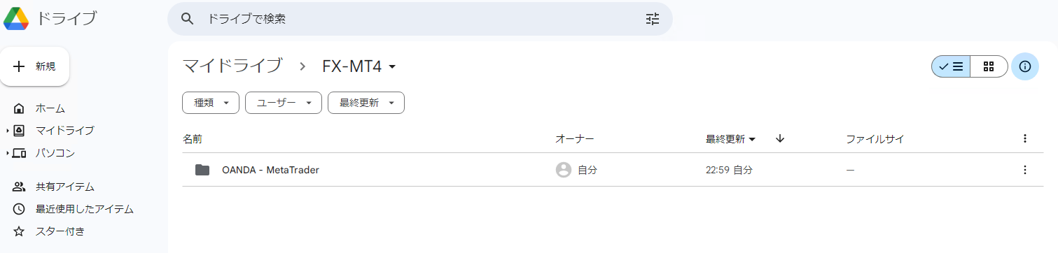 GoogleドライブへMT4フォルダーをアップロードした画面