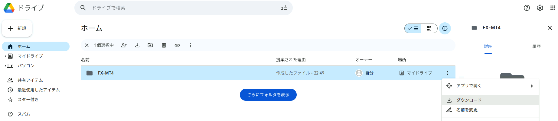 VPS上のブラウザでGoogleドライブにログインしMT4フォルダーをダウンロードする画面
